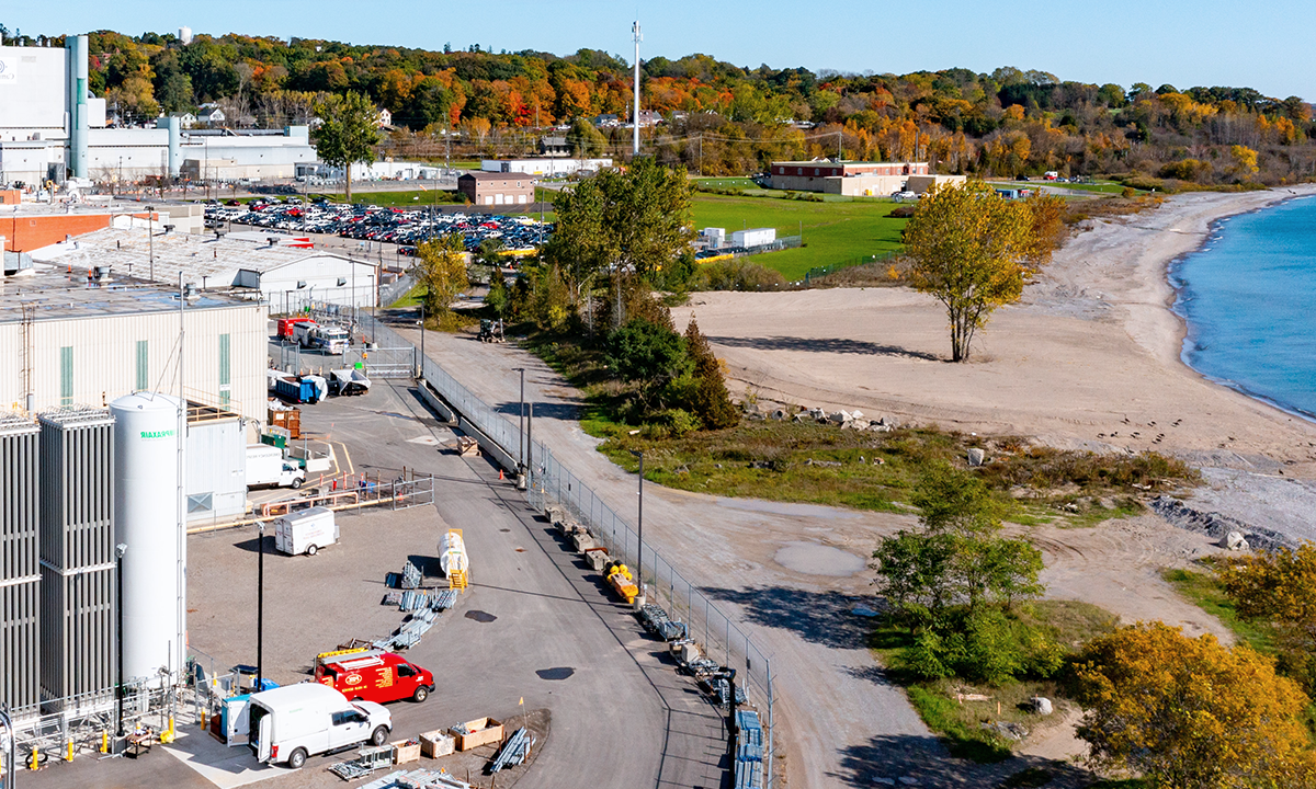 Aerial view of a factory on a waterfront