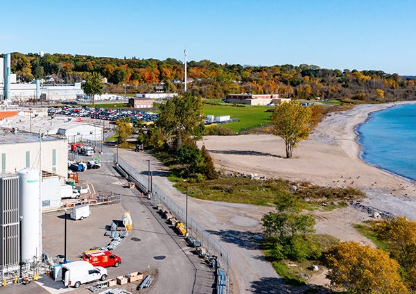 Aerial view of a factory on a waterfront