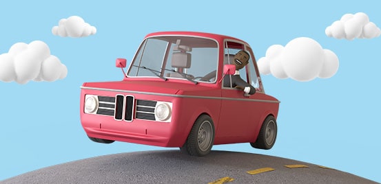 Un homme heureux au volant de sa voiture rouge